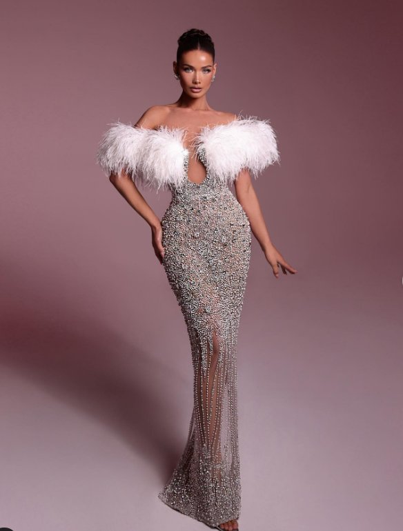 Silver Beaded Gown with Feather Bolero