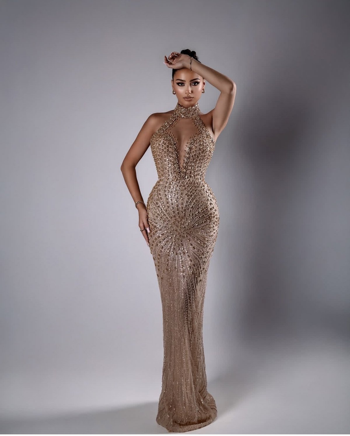 Champagne Beaded High-Neck Sheath Gown