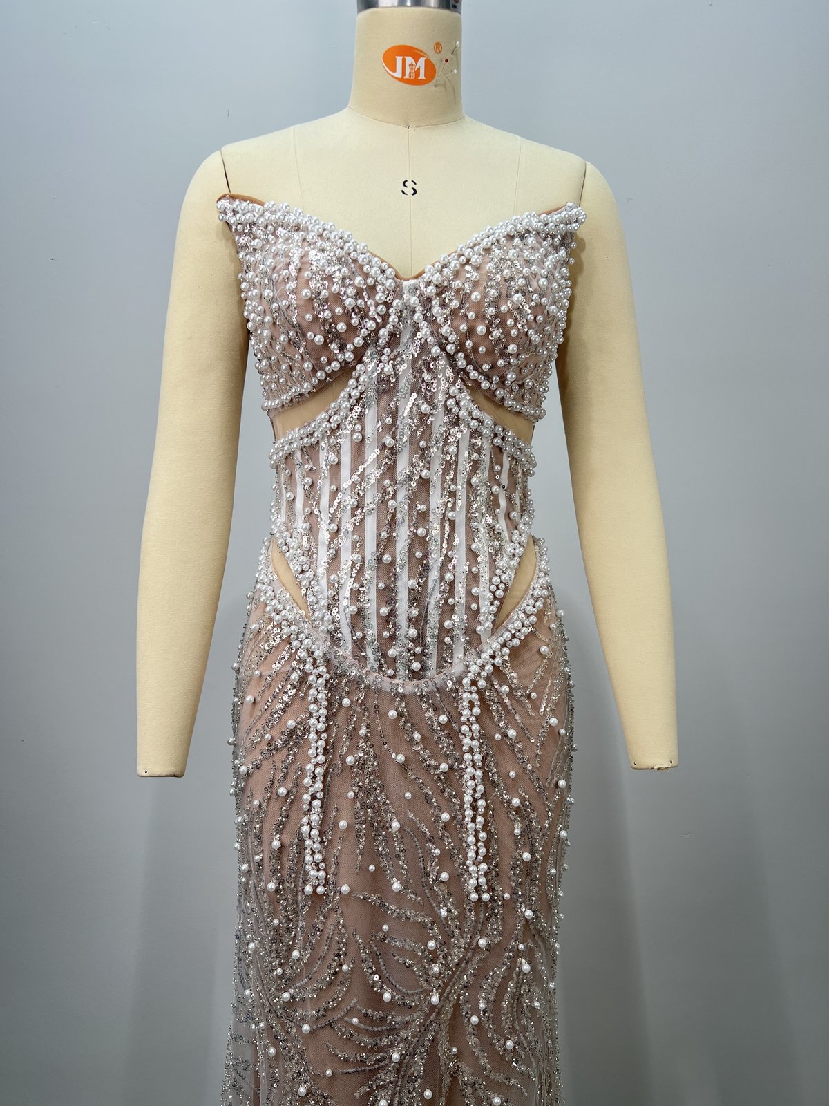 Silver Beaded Corset Gown with Pearl Drops