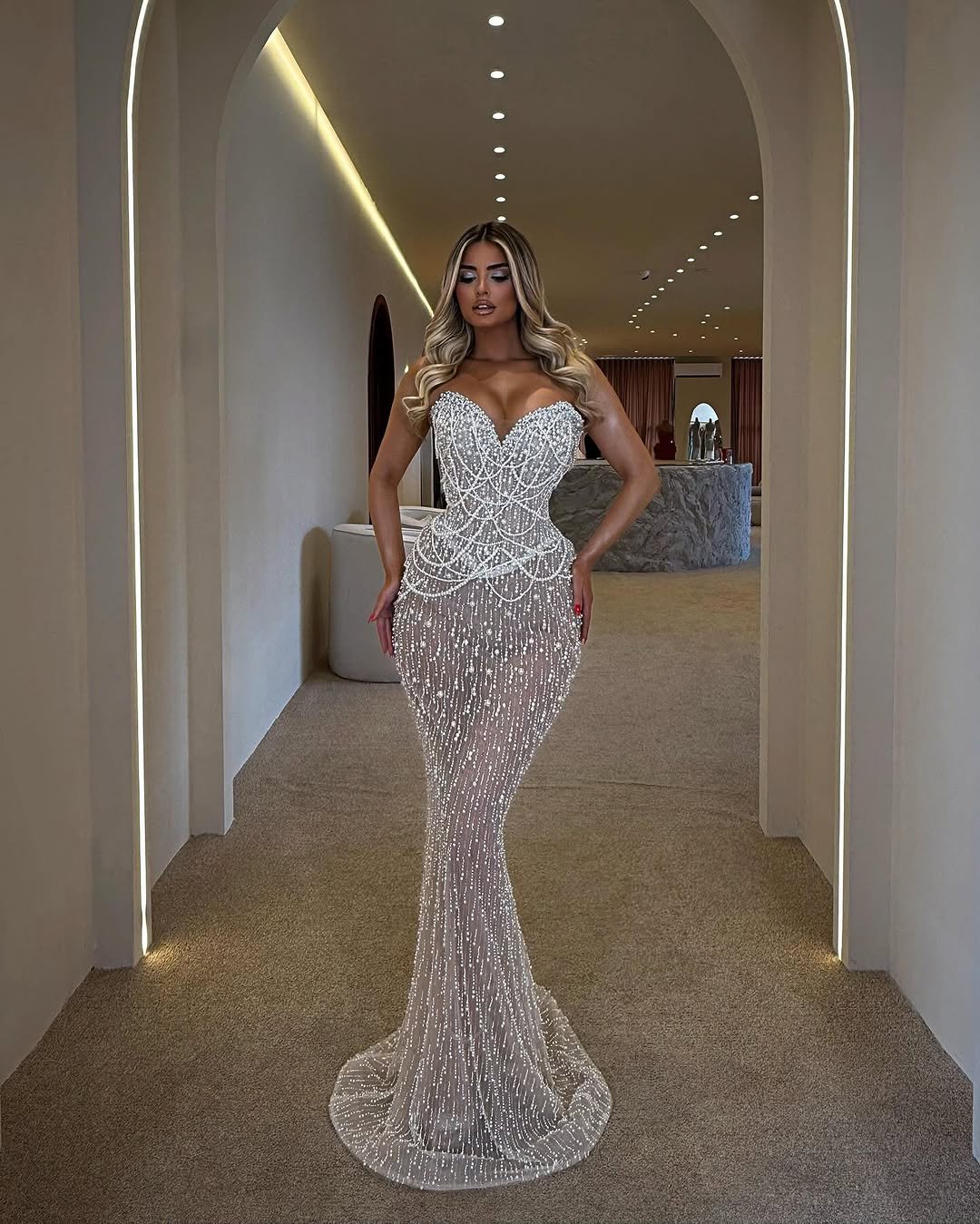 Ivory Crystal Strapless Mermaid Gown