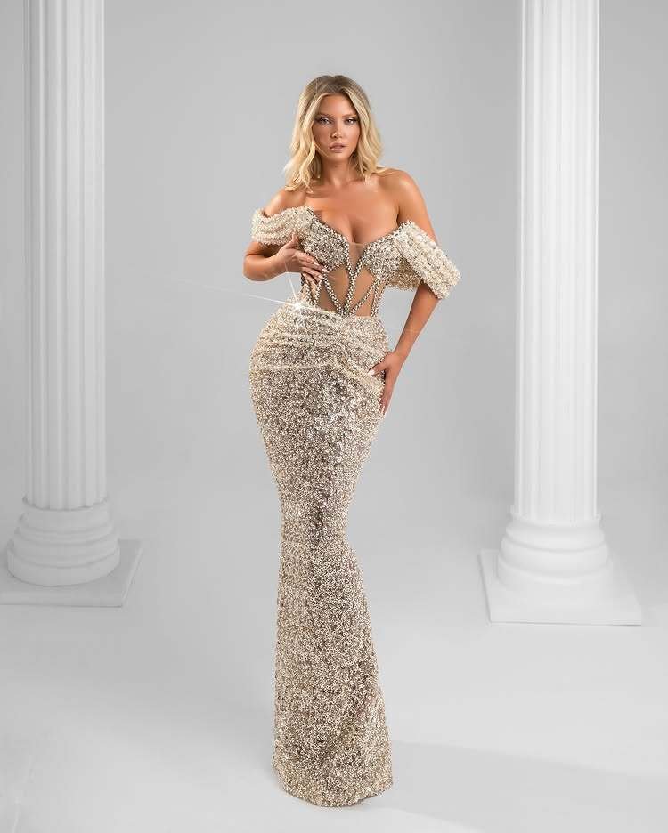 Champagne Crystal Off-Shoulder Mermaid Gown