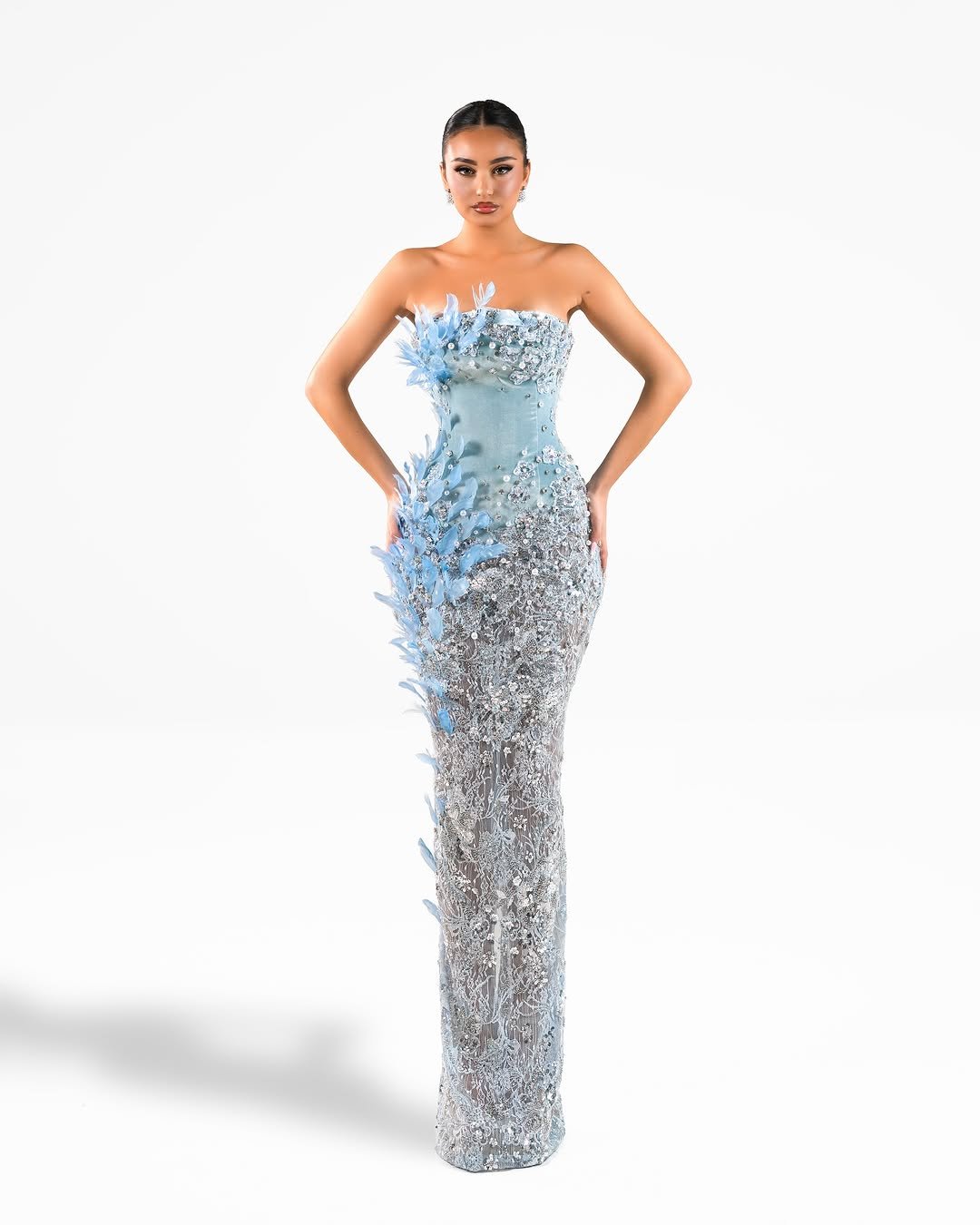 Ice Blue Feather-Applique Mermaid Gown