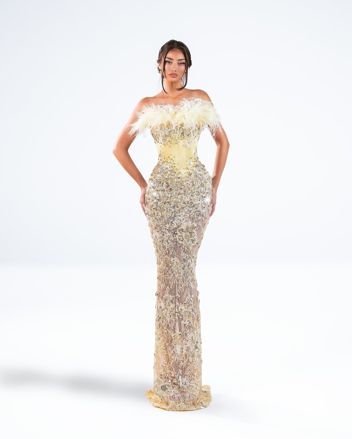 Champagne Beaded Off-Shoulder Feather Gown