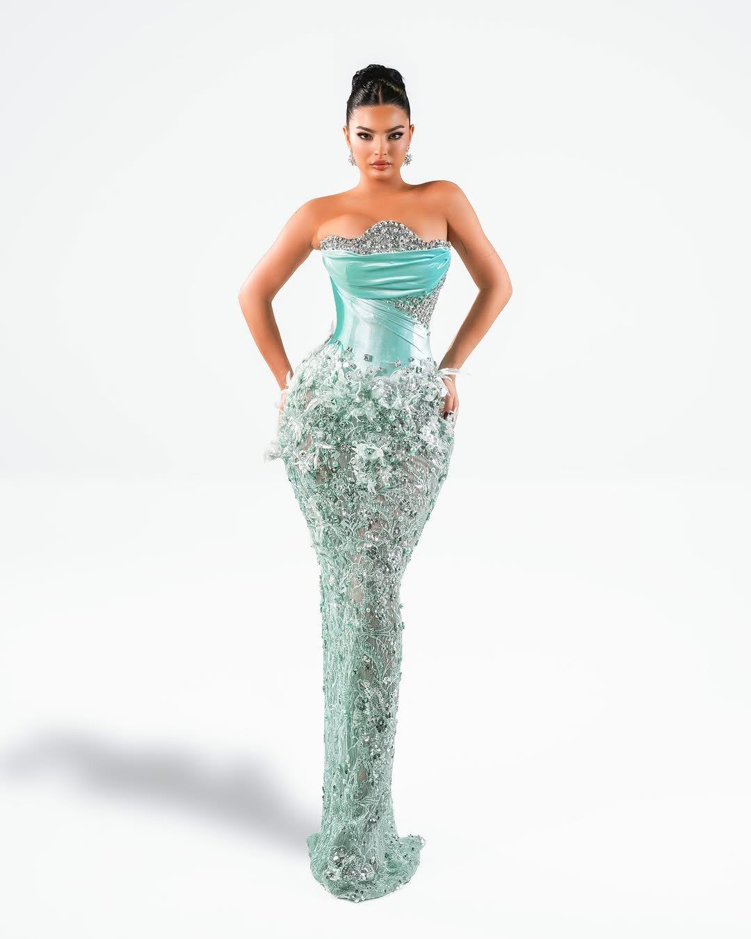 Mint Satin Corset Gown with Floral Skirt