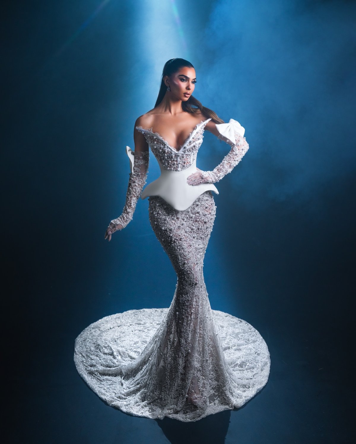 Silver Sequin Peplum Gown with Structured Sleeves