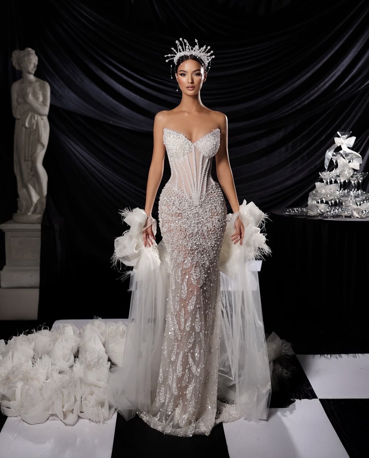 White Crystal Bustier Gown with Tulle Overskirt