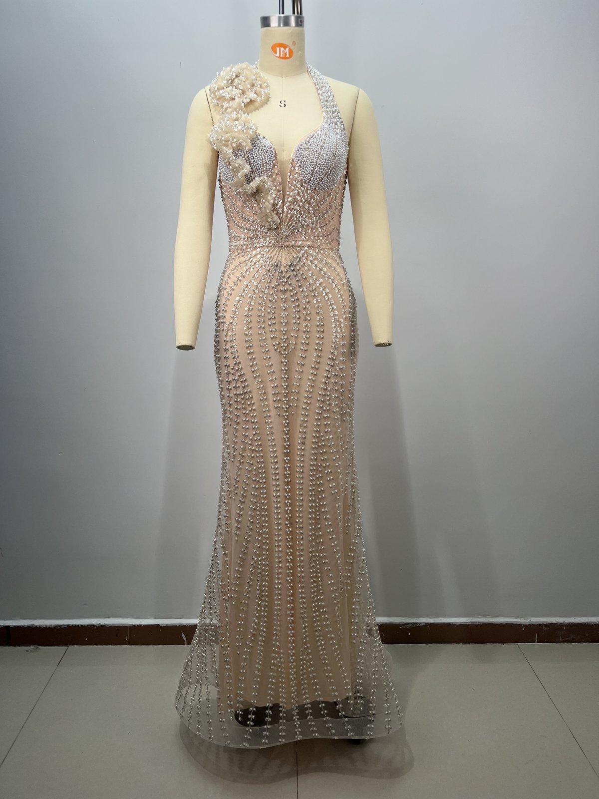Nude Beaded Mermaid Gown with Floral Shoulder