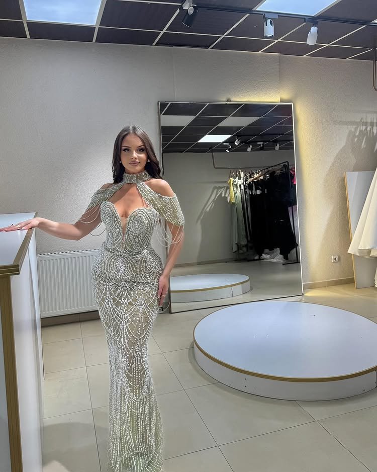 Silver Beaded Plunge Gown with Sheer Cape