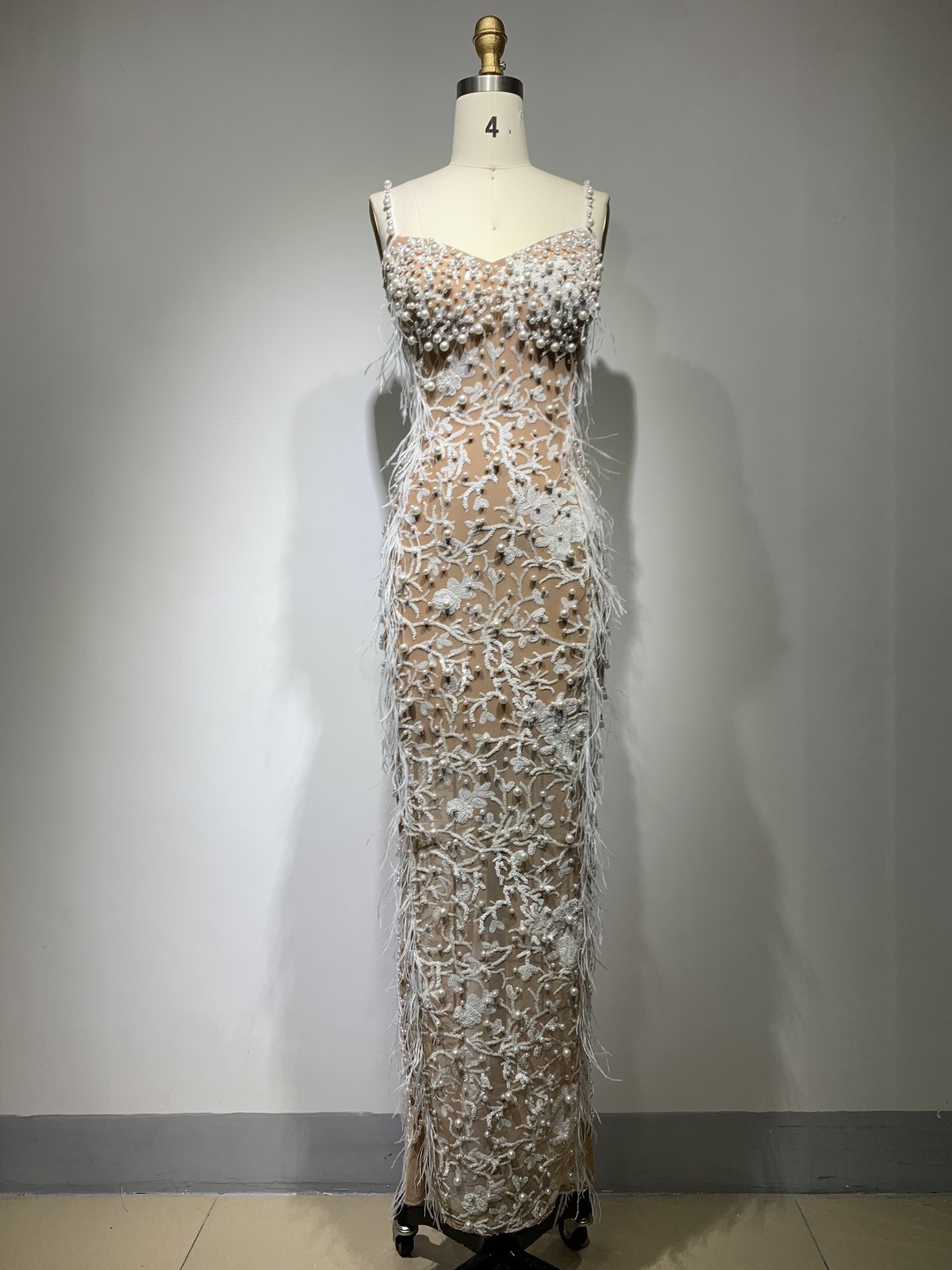 Silver Sequin Feather-Trim Column Gown