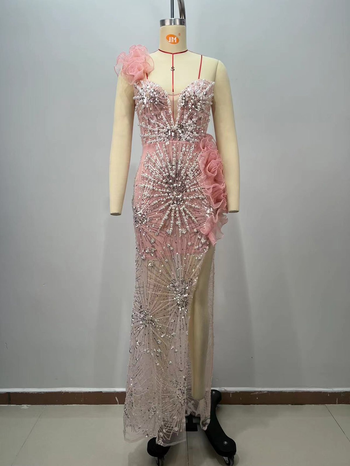 Blush Beaded Floral-Applique Gown