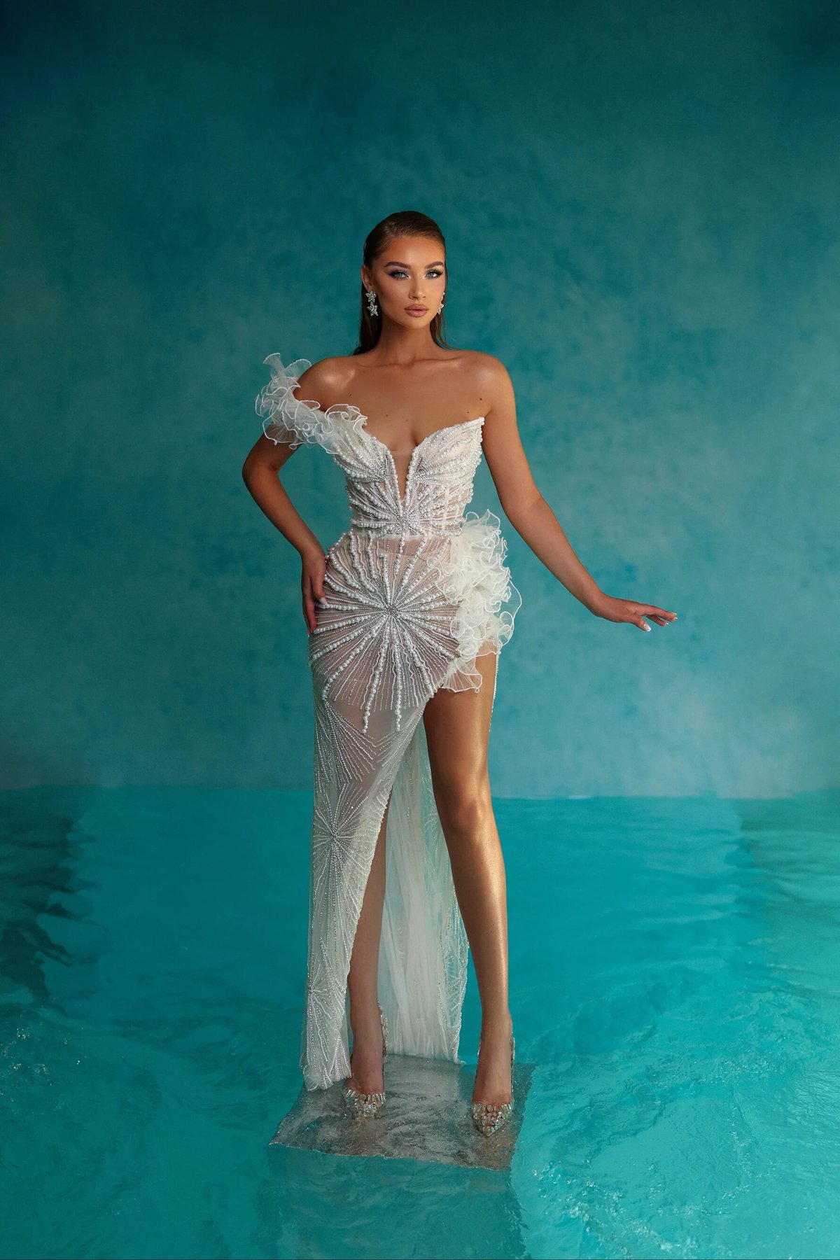 Ivory Beaded One-Shoulder Gown with Feather Cuff