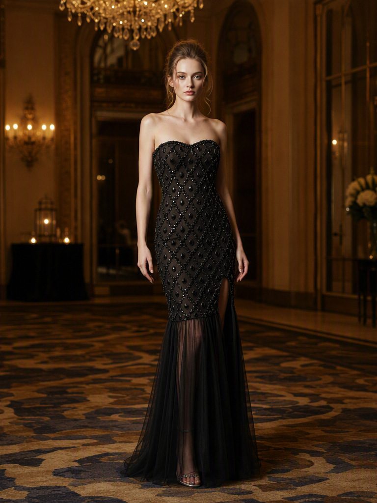 Black Sequin Strapless Gown with Sheer Hem