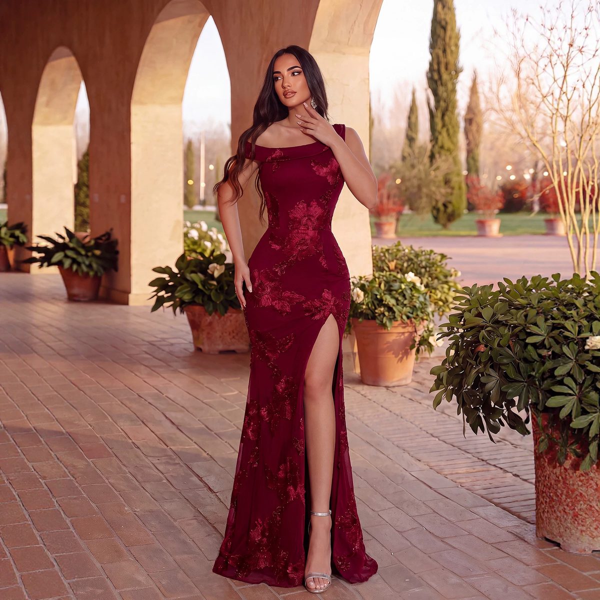 Burgundy Velvet Sweetheart Gown with Slit