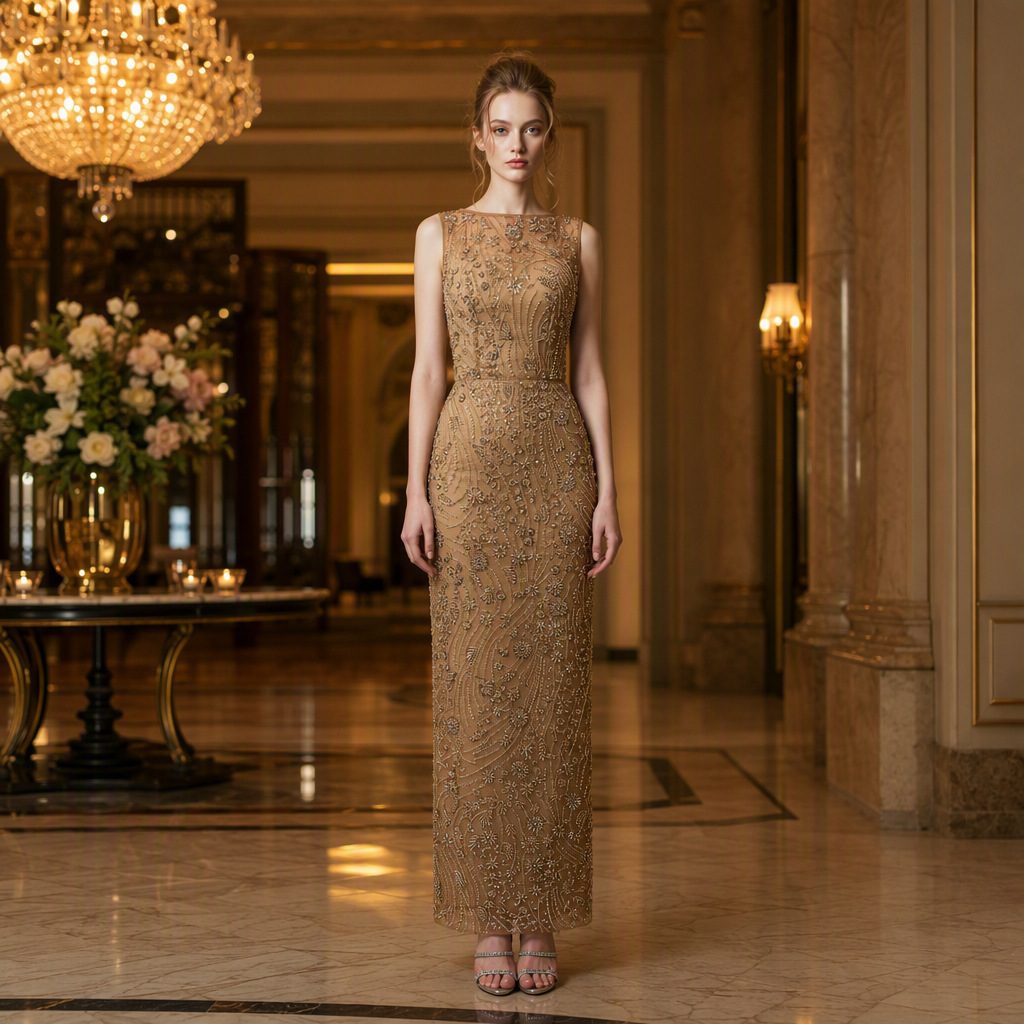 Gold Lace High-Neck Column Gown