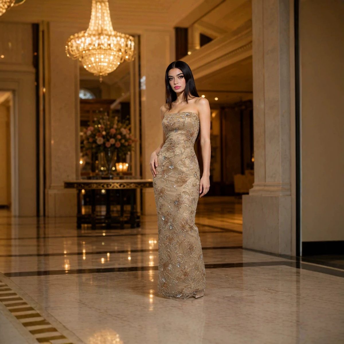 Champagne Sequin Strapless Gown