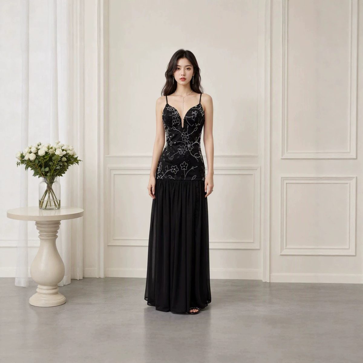 Black Sequin Slip Gown with Draped Skirt