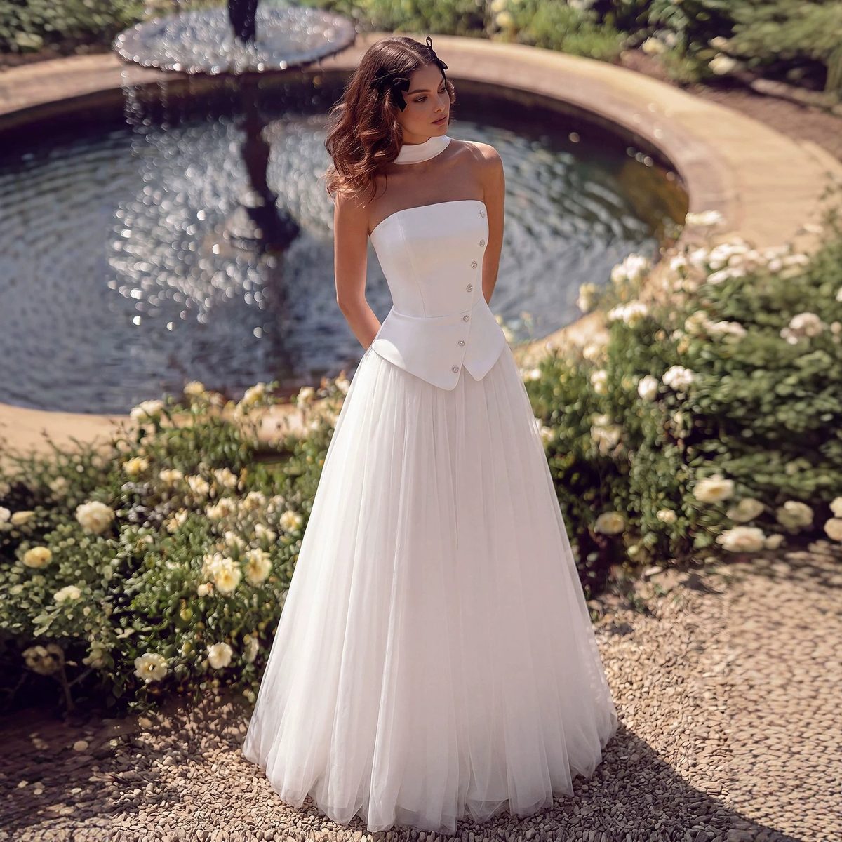 White Tuxedo-Waist Gown with Choker Neckline