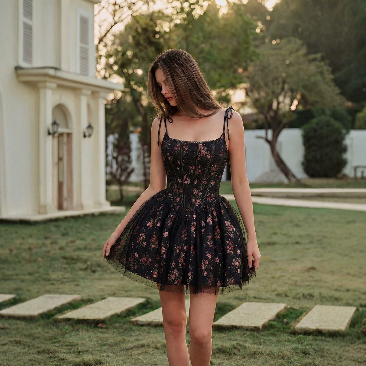 Black Floral-Print Tulle Mini Dress