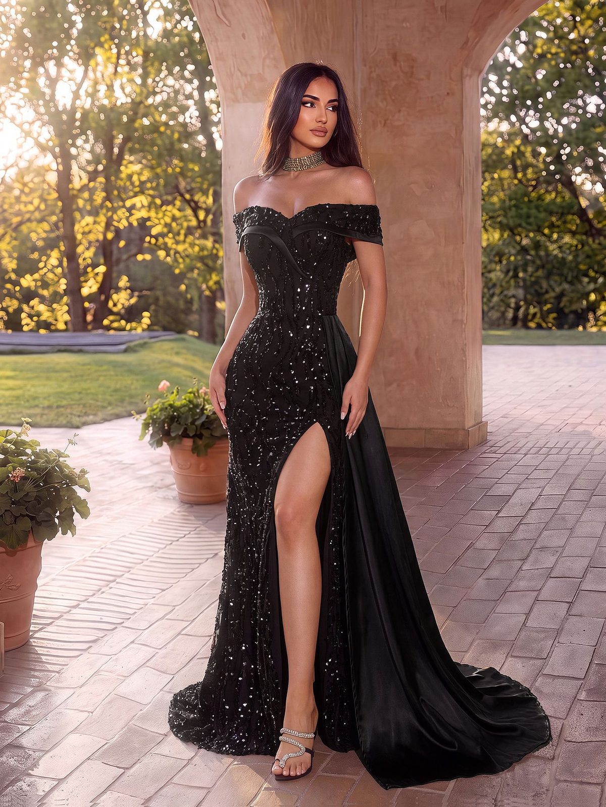Black Sequin Off-Shoulder Gown with Train