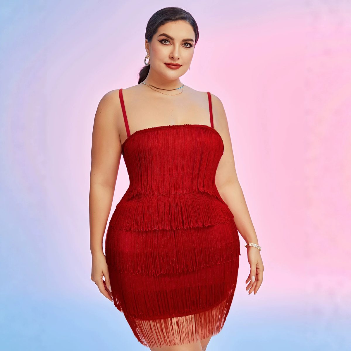 Red Fringe Strapless Bodycon Midi Dress