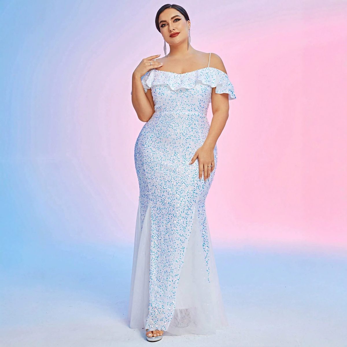 Ice Blue Sequin Off-Shoulder Mermaid Gown