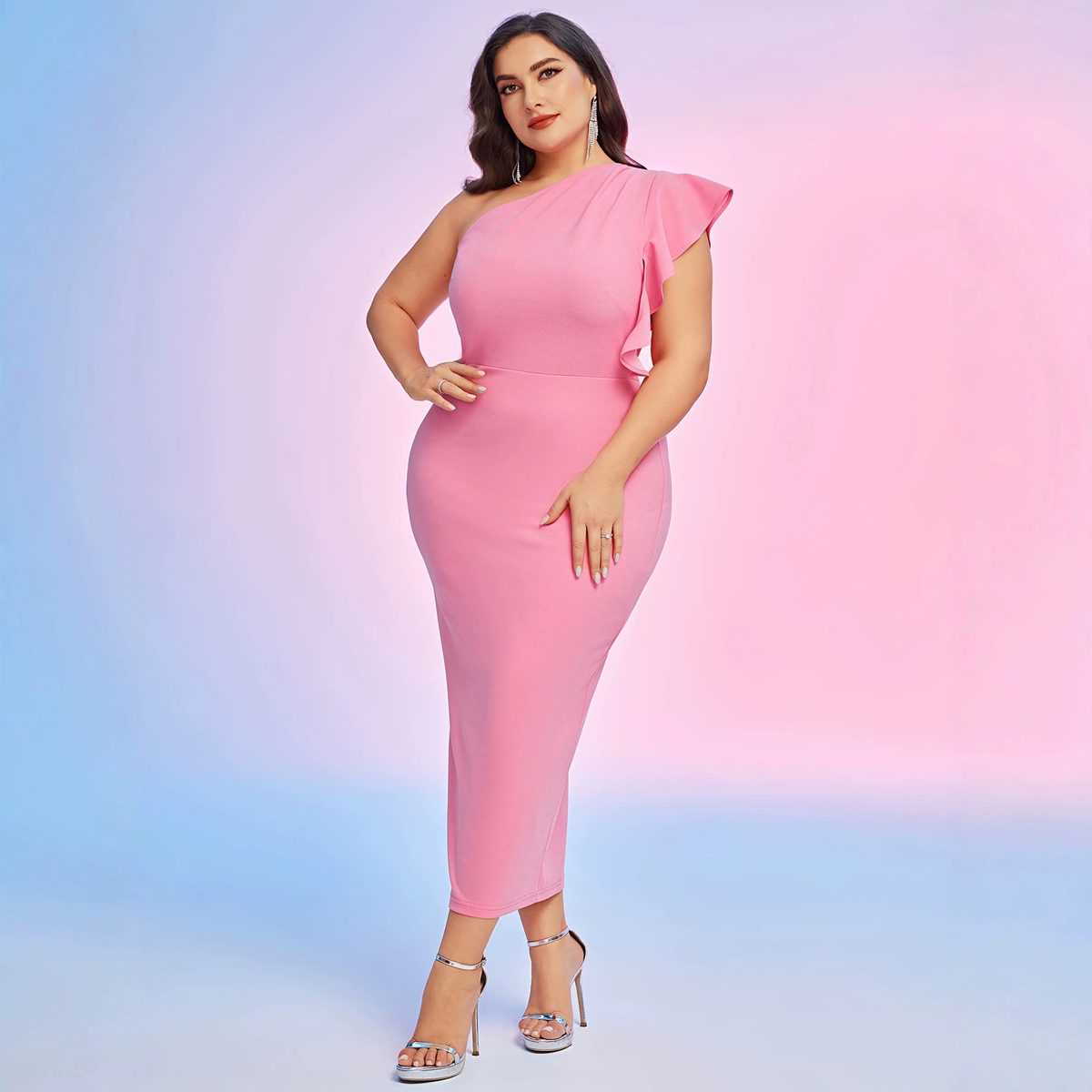 Rose Satin One-Shoulder Midi Dress