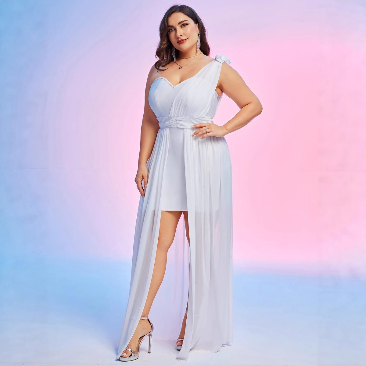 White Chiffon-Overlay Gown with Wrap Skirt