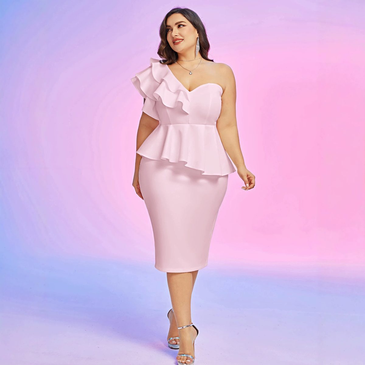 Blush One-Shoulder Peplum Midi Dress