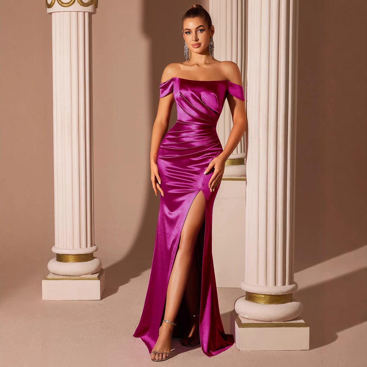 Magenta Satin Off-Shoulder Gown with Slit