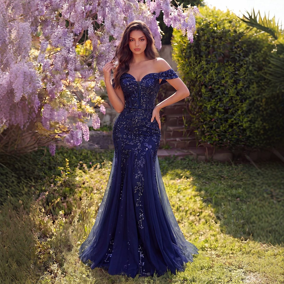 Navy Sequin Off-Shoulder Mermaid Gown