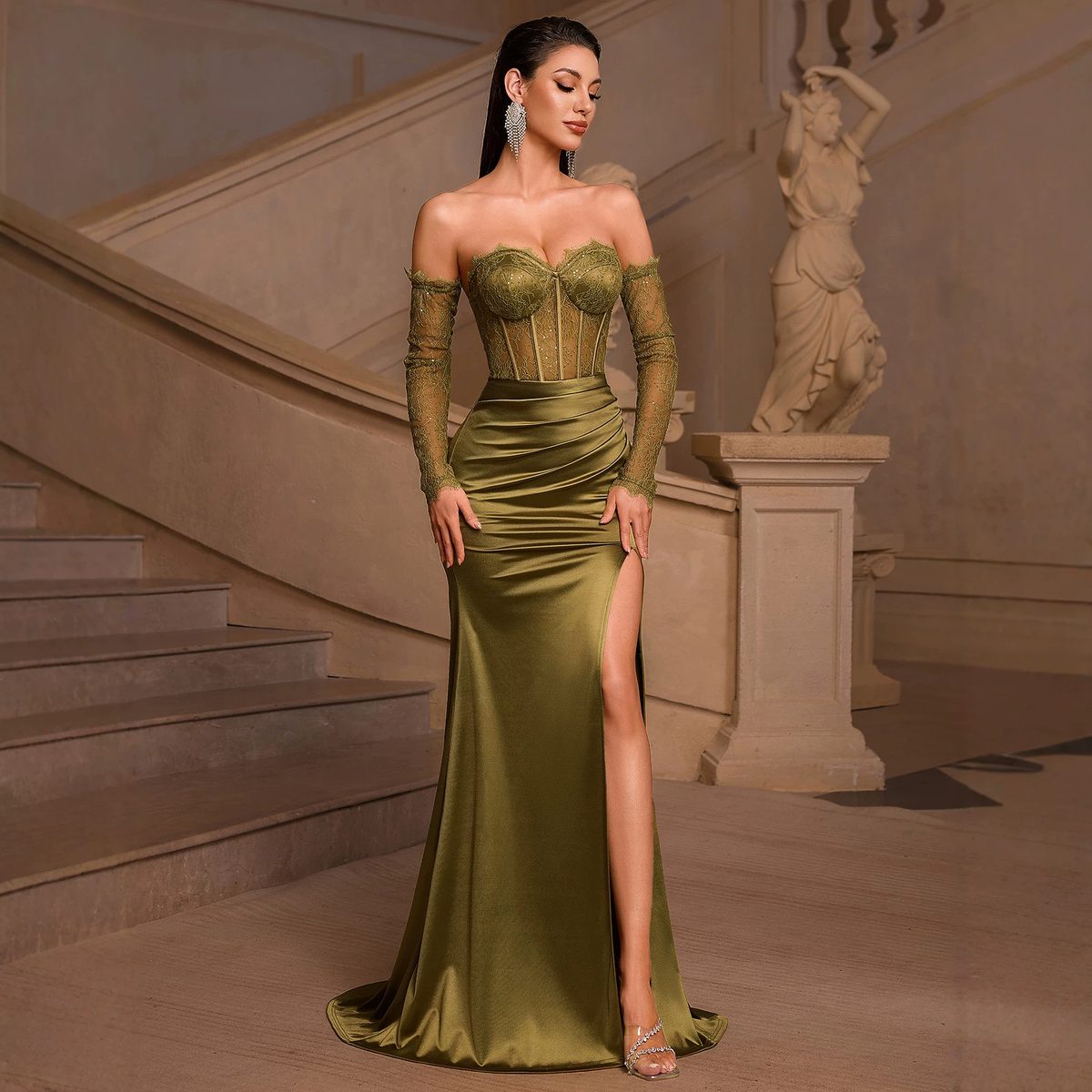 Olive Satin Corset Gown with Slit