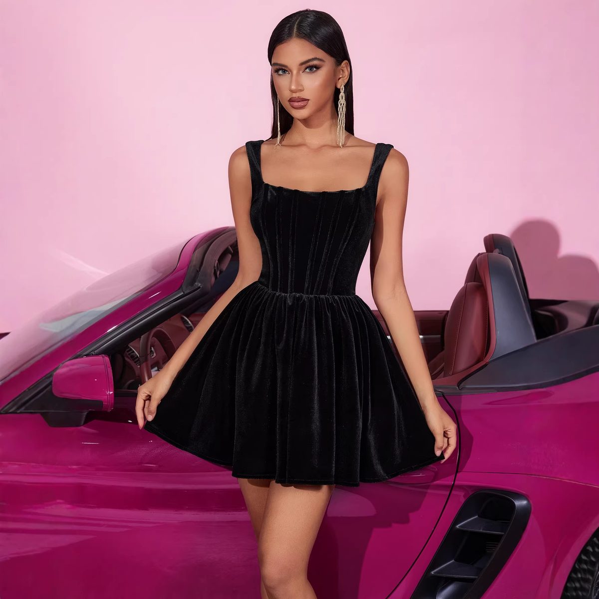 Black Velvet Square-Neck Mini Dress