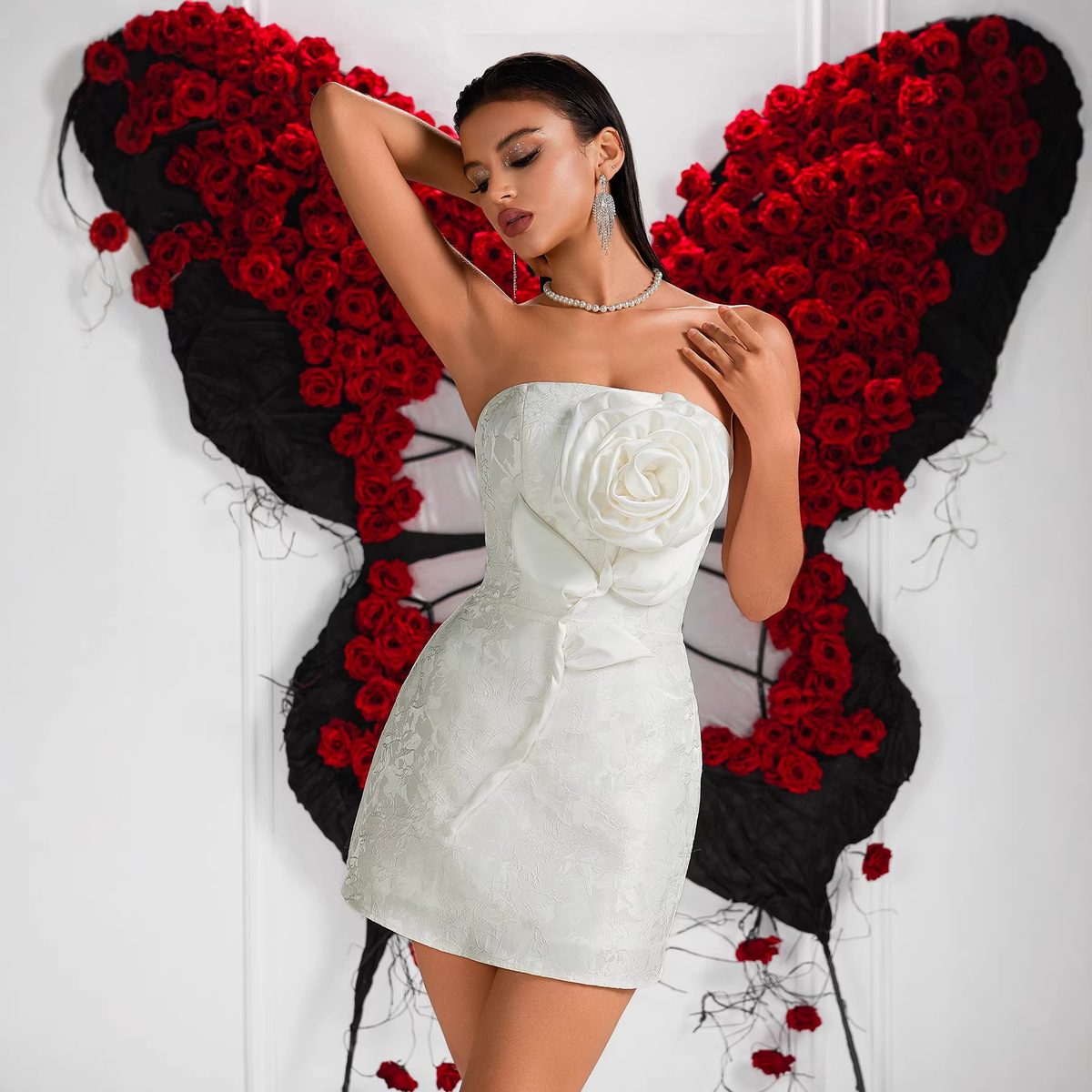 Ivory Rose-Applique Mini Dress