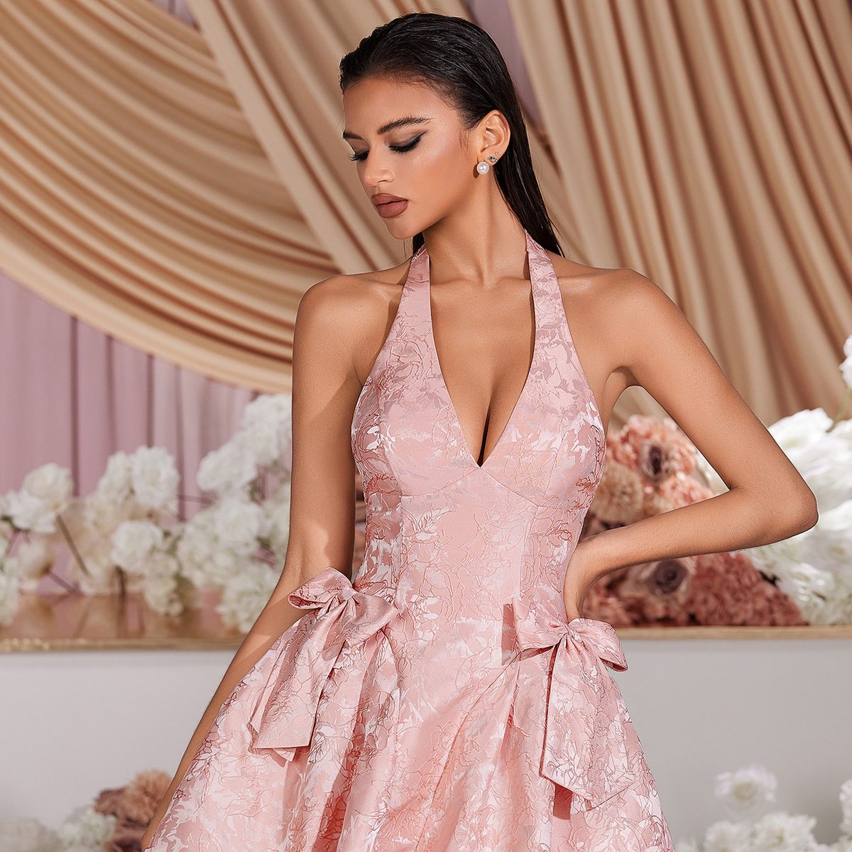 Blush Jacquard Halter Gown with Bow Detail