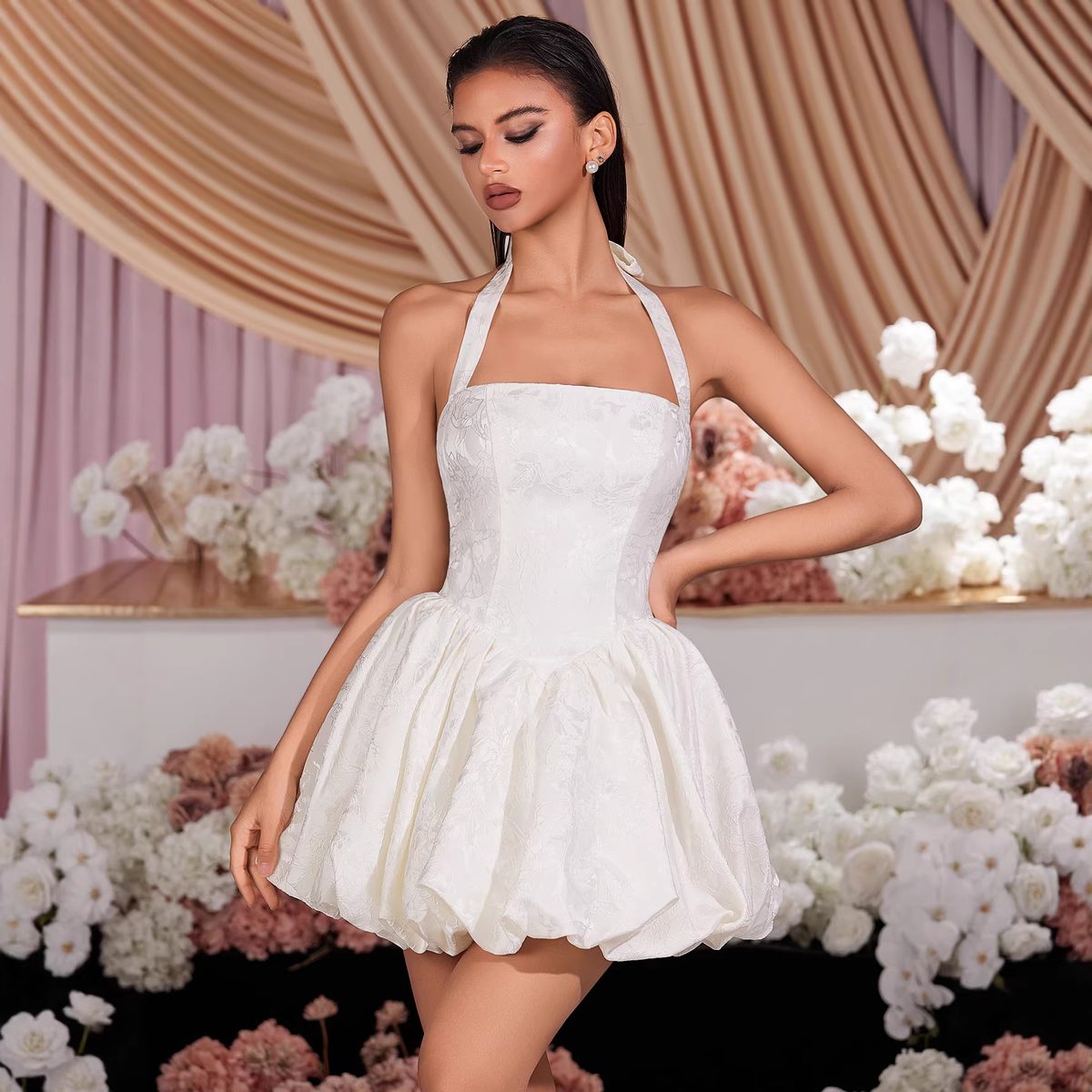 White Halter Bubble-Hem Mini Dress