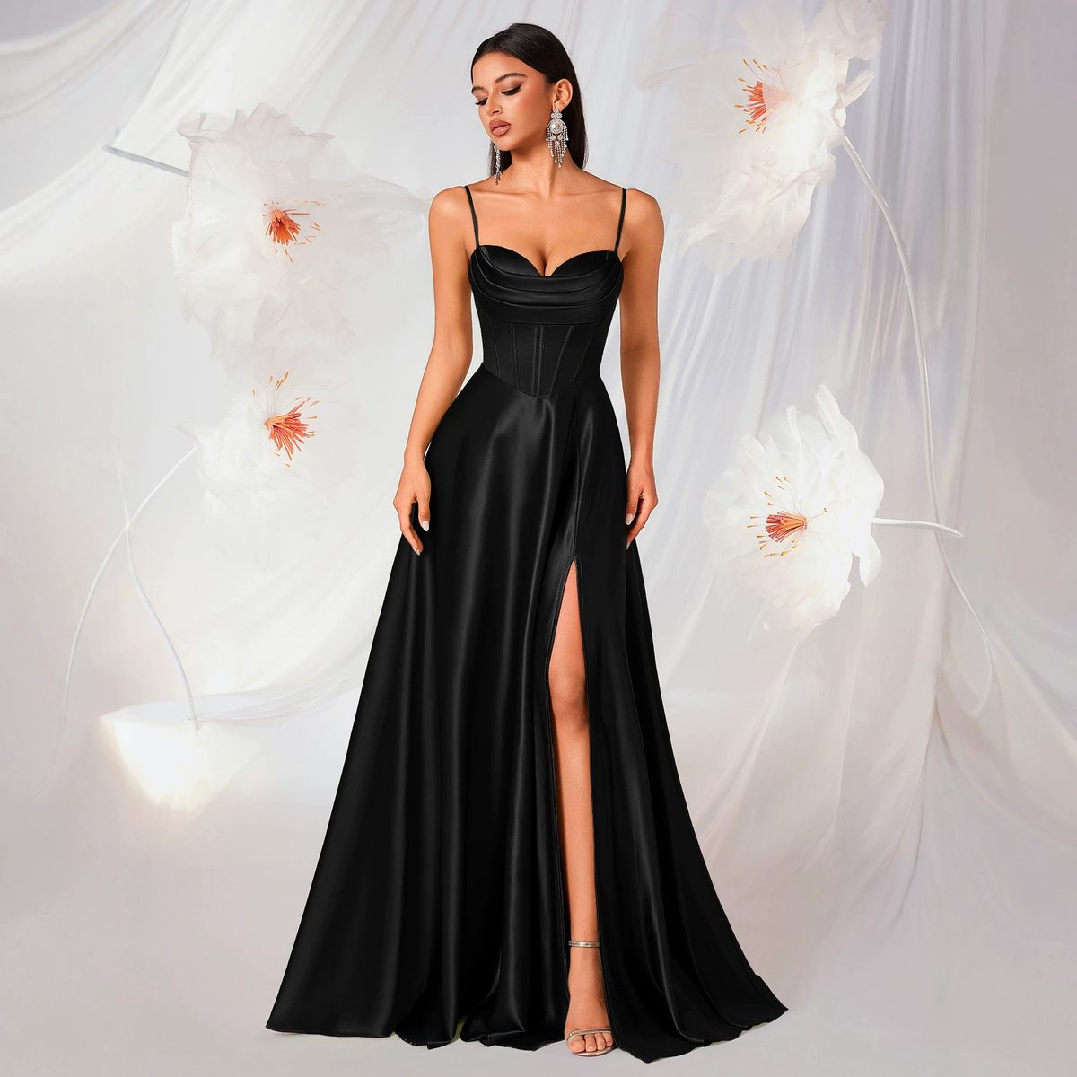 Black Satin Strappy Gown with Thigh-High Slit