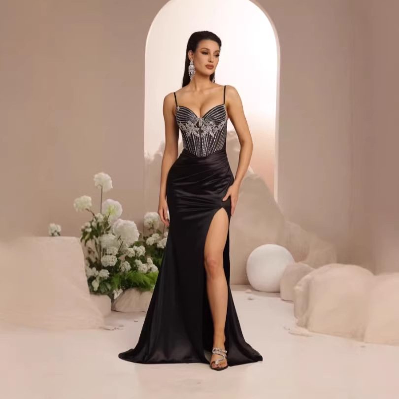 Black Satin Gown with Silver Beaded Bustier