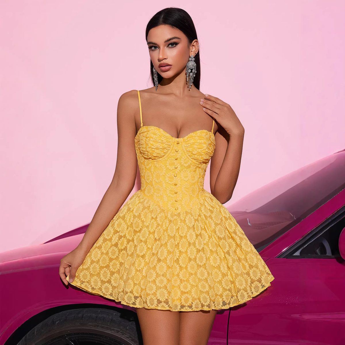 Yellow Brocade Sweetheart Mini Dress