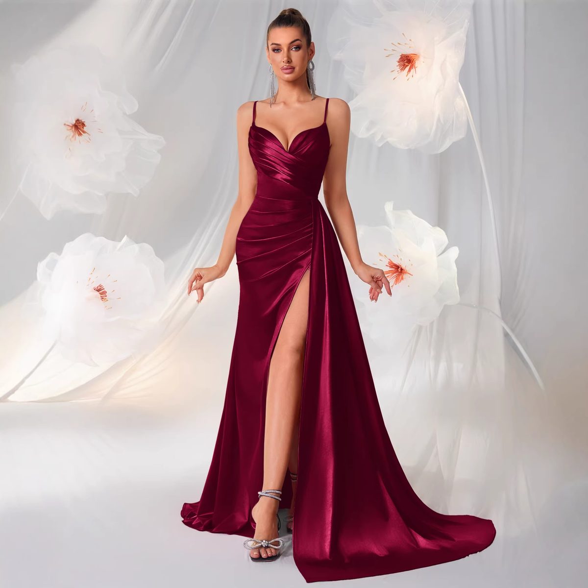 Burgundy Satin Gown with Dramatic Slit & Train