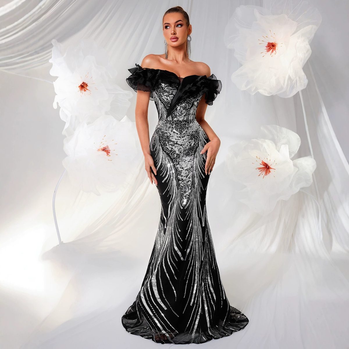 Black & Silver Brocade Off-Shoulder Mermaid Gown