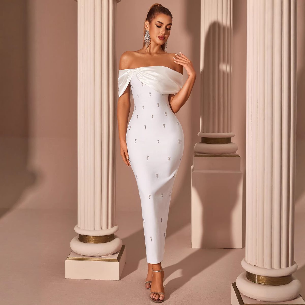 White Off-Shoulder Drape-Neck Column Gown