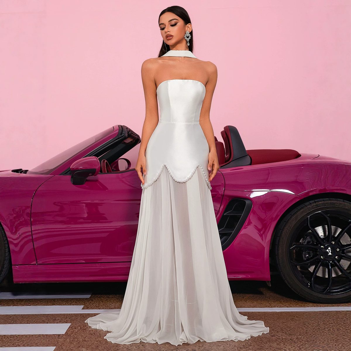 White Bustier Gown with Chiffon Overskirt