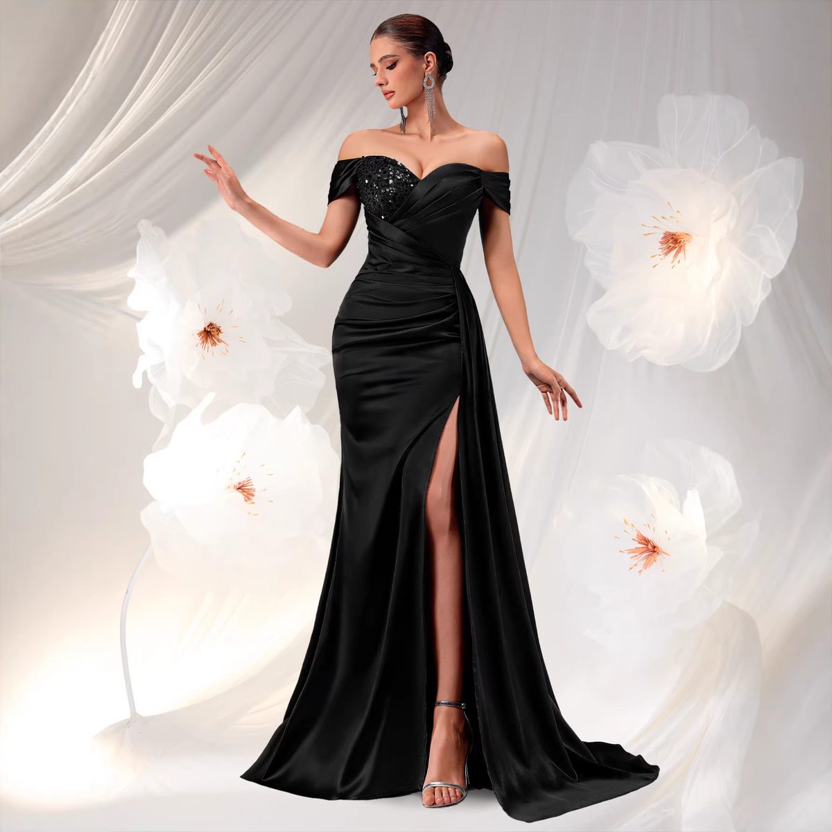 Black Satin Off-Shoulder Gown with Slit & Train