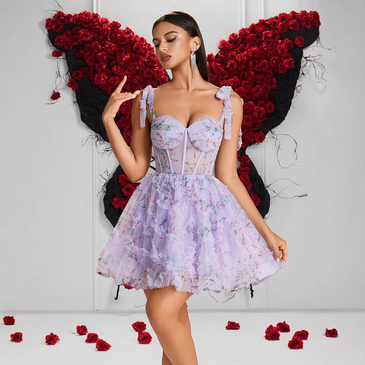 Lavender Corset Mini Dress with Floral Tulle Skirt