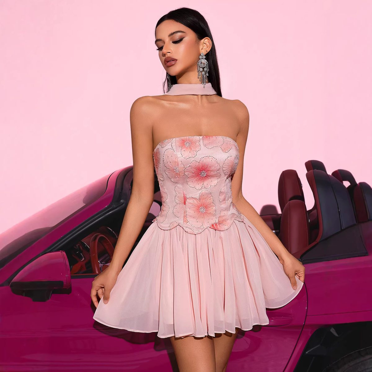 Pink Floral Bustier Mini Dress with Choker